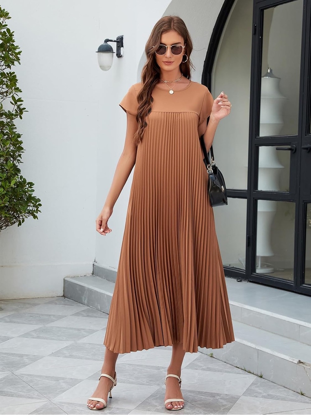 🍁 Boho Fall Pleated Maxi Dress - Earthy Brown (Size S)
